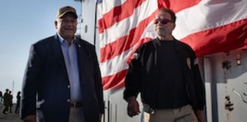 SECNAV holds all hands call aboard Boxer with former Governor Arnold Schwarzenegger